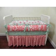 BabyBeddingbyJBD Custom Baby Crib Bedding Set Desiree - Coral and Mint Baby Bedding, Girl Baby Bedding