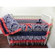 BabyBeddingbyJBD Baby Girl Crib Bedding Set Danielle - Girl Baby Bedding, Navy and Coral Crib Bedding, Ruffle Crib Skirt, Custom Nursery Bedding