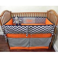 BabyBeddingbyJBD Custom Baby Bedding Set Knox - Boy Crib Bedding, Navy Chevron with Orange and Gray