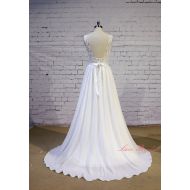 /LaceBridal Exquisite Lace Wedding Dress V Shape Lace Neckline Wedding Gown Ivory A-line Bridal Gown Backless Chiffon Wedding Dress with Chapel Train