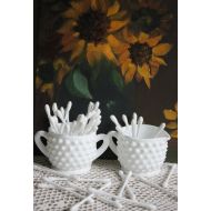 /AnythingDiscovered Q Tips and Tooth Pick Holder Set. Milk Glass Hobnail Tooth Pick Holder and Q Tips Holder shaped as Sugar Bowl and Creamer with Handle.