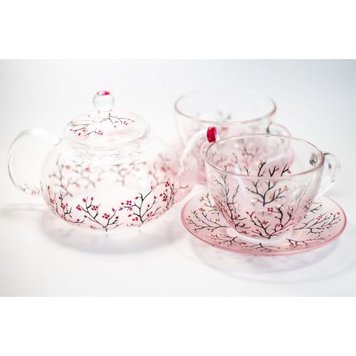  Vitraaze Tea Set Teapot with 2 Cups and Saucers Christmas Gift for Women Glass Spring Cherry Blossom Teapot Set Hand Blush pink