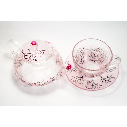  Vitraaze Tea Set Teapot with 2 Cups and Saucers Christmas Gift for Women Glass Spring Cherry Blossom Teapot Set Hand Blush pink