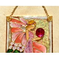 LuminaBella Pink Fairy Suncatcher Stained Glass Panel Art. Artisan Fantasy Fairy Wall, Window Hanging. Faerie Gift for Her Bathroom Ornament Room Decor