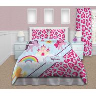 /EloquentInnovations Unicorn Horse Kid Bedding, Girls Pony Bedding, Childs Pink Cheetah Print Comforter Set, King, Queen, Twin Personalized with name #9
