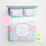 TheDreamyDaisy Personalized Pastel Comforter Set - Pastel Duvet Cover with Polka Dots and Stripes - Monogrammed Duvet Set or Comforter - Girl Bedding Set