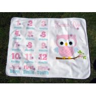 /TheDreamyDaisy Personalized Owl Milestone Blanket - Girls Owl Growth Chart Blanket - Baby Month Blanket with Owl - Baby Photo Prop - Baby Shower Gift