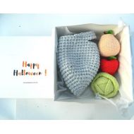 HomeToysByGalatova 3pcs Crochet toys and Personalized basket for First Halloween baby gift Crochet vegetables Fruit Red apple Pear 1st halloween gift Boy Girl