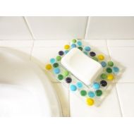 /LaRocheStudios Soap dish, colorful polka dot multi-colored decor bathroom or kitchen, fused glass soap holder for washroom, turquoise yellow green blue