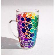 /ArtMasha Rainbow coffee mug gift, colorful hand painted glass mug with bubbles design