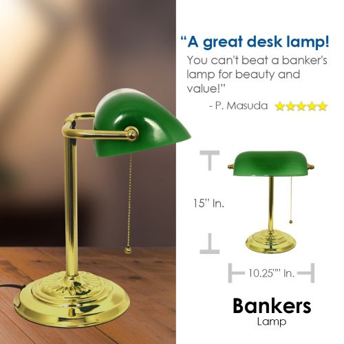  Lightaccents LightAccents Metal Bankers Desk Lamp Glass Shade (Brass)