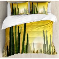 Ambesonne Sunset Over a Desert Landscape Various Kinds of Cactus Desolate Duvet Cover Set