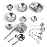 Unbrand 18Pcs Stainless Steel Kids Kitchen Toy Cooking Cookware Children Pretend & Play Kitchen Playset - Silver
