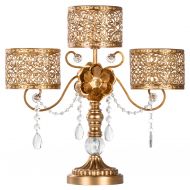 Amalfi Decor Antique 3 Pillar Crystal-Draped Hurricane Candle Holder Centerpiece (Gold) | Stainless Steel Frame with Glass Crystals