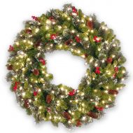 National Tree 36 Crestwood Spruce Wreath with Silver Bristle, Cones, Red Berries and Glitter with 200 Clear Lights