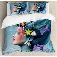 Ambesonne Mermaid with Underwater Themed Make Up Hairstyle Starfishes Seashells Fishes Bubbles Duvet Cover Set