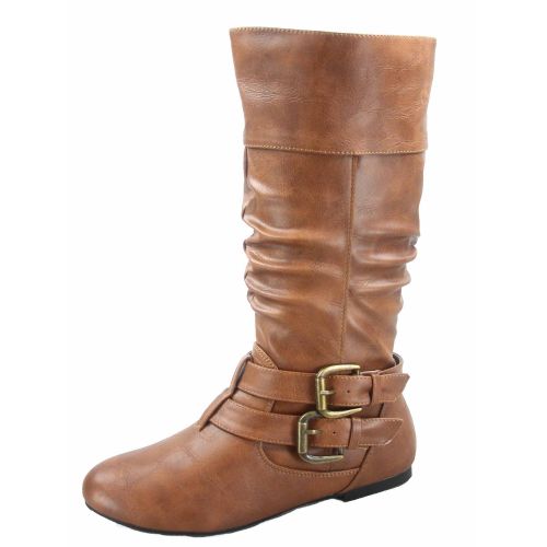  Forever Womens Caual Side Zip Buckles Slouch Flat Heel Mid Calf Round Toe Boots