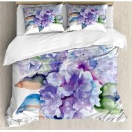 Watercolor Duvet Cover Set, Delicate Hydrangea Flowers Blooming Botanical Arrangement Wedding Inspired, Decorative Bedding Set with Pillow Shams, Violet Blue, by Ambesonne