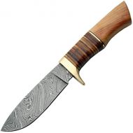 Damascus Protective Gear SZCO Supplies DM-1100 Damascus Stacked LeatherOlivewood Hunting Knife Multi-Colored