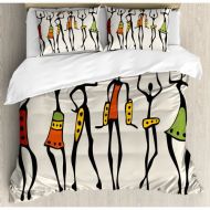Ambesonne Afro African Group Clan Dancers Ethnic Characters in Sketchy Festival Hand Drawn Artwork Duvet Cover Set