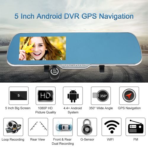  Anself 5 Android Smart System GPS Navigation Car Rearview Mirror DVR Dual Lens Front Rear 1080P 720P Camera Recorder with G-sensor Motion Detection Night Vision