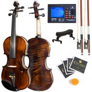 Mendini by Cecilio Size 34 MV500 Flamed Solid Wood 1-Piece Back Violin with Tuner, Shoulder Rest, 2 Bows, Extra Strings, Rosin, 2 Bridges and Case
