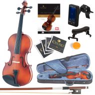 Mendini by Cecilio Mendini Full Size 44 MV300 Solid Wood Violin wTuner, Lesson Book, Shoulder Rest, Extra Strings, Bow, 2 Bridges & Case, Satin Antique Finish