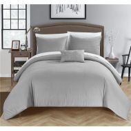 Chic Home DS4024-BIB-US 8 Piece Khalil Super Soft Microfiber Stitch Embroidered Queen Bed in a Bag Duvet Set, Grey with White Sheets