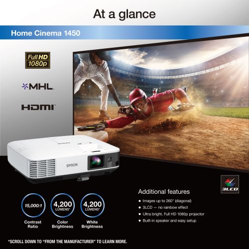 엡손 Epson Home Cinema 1450 1080p 4,200 lumens color brightness (color light output) 4,200 lumens white brightness 3LCD Projector with MHL