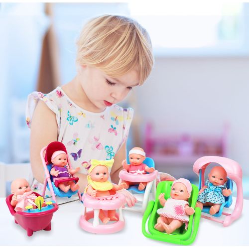  Click N Play Click N’ Play Set of 8 Mini 5” Baby Girl Dolls with accessories, Stroller, Cradle, High Chair, Bathtub, Infant Seat, Swing, Walker, Potty.