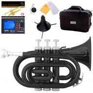 Mendini by Cecilio Black Bb Pocket Trumpet w1 Year Warranty, Tuner, Stand, Pocketbook and Deluxe Case, MPT-BK