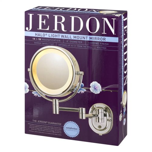  JERDON Jerdon HL65C 8-Inch Two-Sided Swivel Halo Lighted Wall Mount Mirror with 5x Magnification, 14-Inch Extension, Chrome Finish