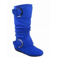 Top Moda Bank-81 Womens Fashion Zipper Big Buckle Slouch Casual Flat Heel Mid Calf Round Toe Boots