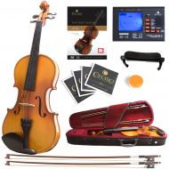 Mendini by Cecilio Mendini Size 14 MV400 Ebony Fitted Solid Wood Violin with Tuner, Lesson Book, 2 Bows, Shoulder Rest and Extra Strings