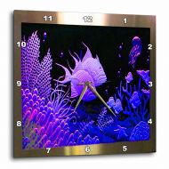 3dRose Neon Purple fish in a aquarium metal frame with coral and ocean life, Wall Clock, 13 by 13-inch