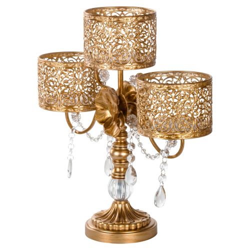  Amalfi Decor Antique 3 Pillar Crystal-Draped Hurricane Candle Holder Centerpiece (Gold) | Stainless Steel Frame with Glass Crystals