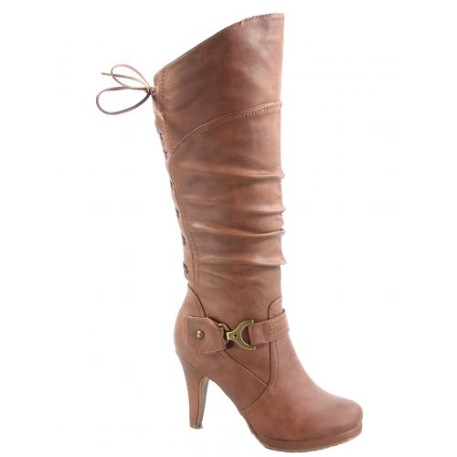  Top Moda Page-65 Womens Back Lace Up Round Toe High Heel Platform Mid-Calf Knee High Boots