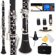 Mendini by Cecilio MCT-JE2 Black Ebonite Bb Clarinet w 2 Barrels, 1 Year Warranty, Stand, Tuner, 10 Reeds, Pocketbook, Mouthpiece, Case, B Flat