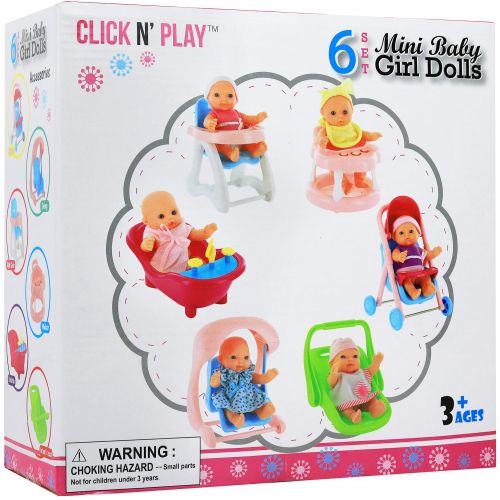  Click N Play Click N’ Play Set of 8 Mini 5” Baby Girl Dolls with accessories, Stroller, Cradle, High Chair, Bathtub, Infant Seat, Swing, Walker, Potty.