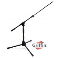 Short Microphone Stand with Boom Arm by Griffin Low Profile Mic Stand Mount for Kick Bass Drums, Desktop & Guitar Amplifiers Small Level Telescoping Boom Holder with Tripod Legs