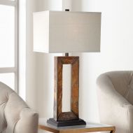 Franklin Iron Works Rustic Table Lamp Natural Slate Off White Rectangular Shade for Living Room Family Bedroom Bedside Nightstand
