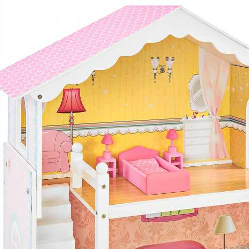  Best Choice Products Large Childrens Wooden Dollhouse Fits Barbie Doll House Pink w 17 Pieces of Furniture