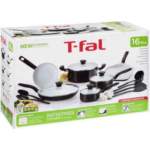 테팔 T-fal, Initiatives Ceramic, C921SG, PTFE-free, PFOA-free, Dishwasher Safe Cookware, 16 Pc. Set, Black