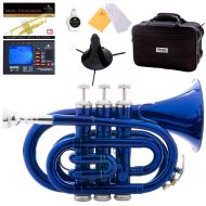 Mendini by Cecilio Blue Bb Pocket Trumpet w1 Year Warranty, Tuner, Stand, Pocketbook and Deluxe Case, MPT-BL