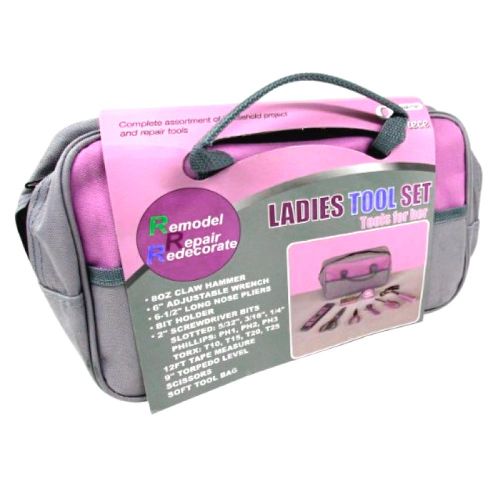  AllTopBargains 9pc Ladies Tool Bag Pink Set Hammer Screwdriver Tape Measure Wrench Pliers Level