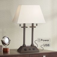 Regency Hill Traditional Desk Table Lamp with USB and AC Power Outlet in Base Bronze Rectangular Fabric Shade for Bedroom Office