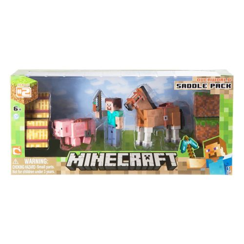  Minecraft Figure Set Overworld Saddle Pack (Steve wwhip Chestnut Horse , Pig wsaddle , 2 x hay bale , 2 x grass blocks)