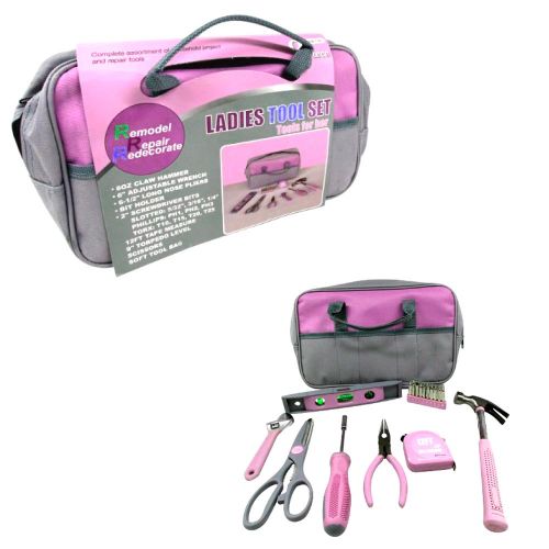  AllTopBargains 9pc Ladies Tool Bag Pink Set Hammer Screwdriver Tape Measure Wrench Pliers Level