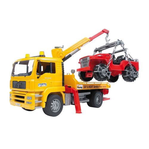  Bruder Toys MAN TGA Flatbed Tow Truck w Crane Cross Country Vehicle | 02750