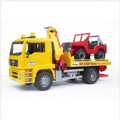  Bruder Toys MAN TGA Flatbed Tow Truck w Crane Cross Country Vehicle | 02750